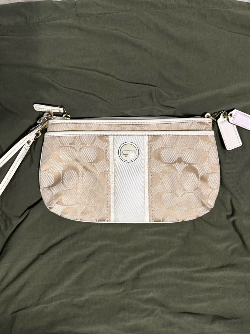 Rare Vintage Coach Cream and Tan Signature Canvas Wristlet with Leather Trim